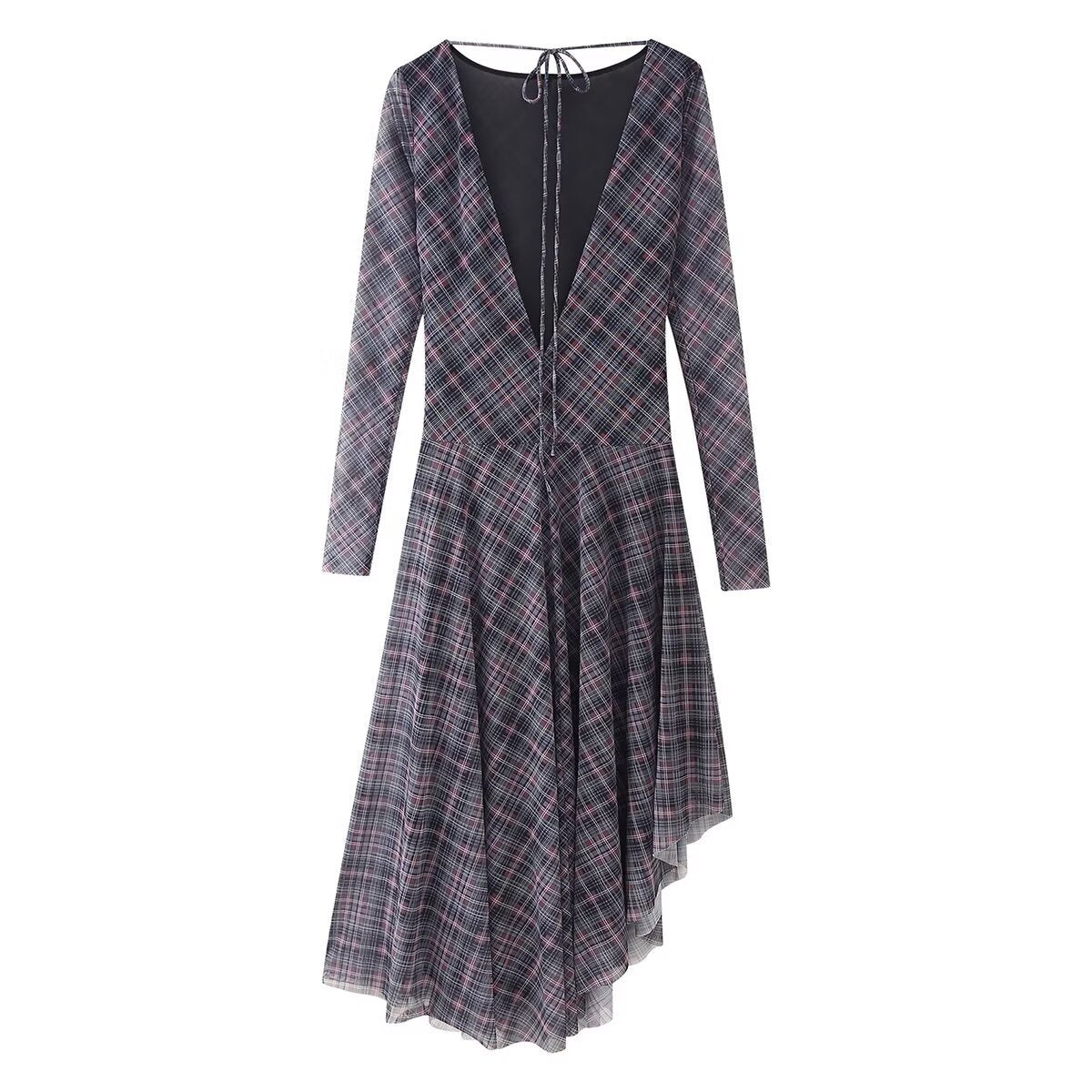 Dam Klänning Rutig A-Line Polyester Midi Långärmad-3