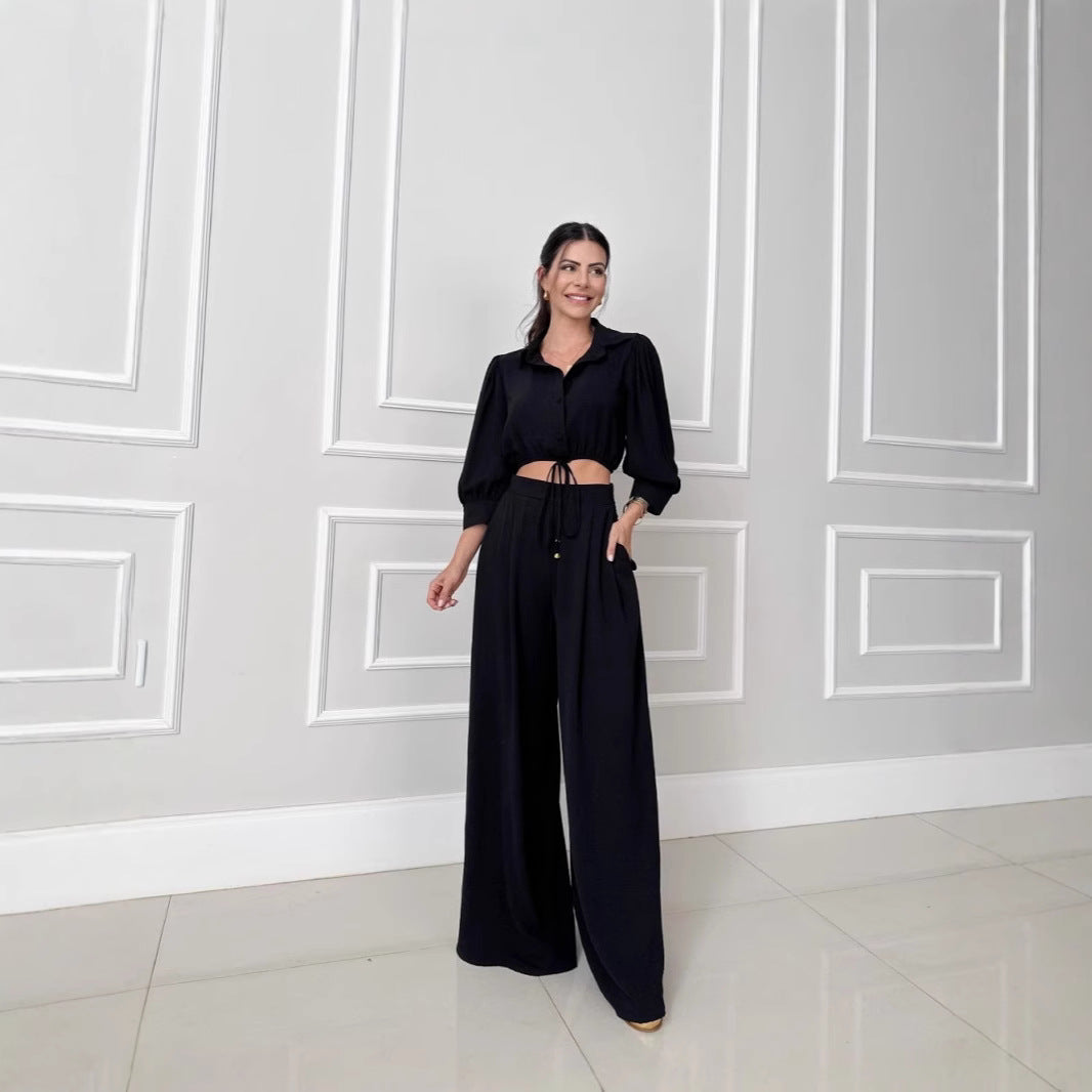 Tvådelat Set Dam Hög Midja Topp och Bred Byxa Polyester-2