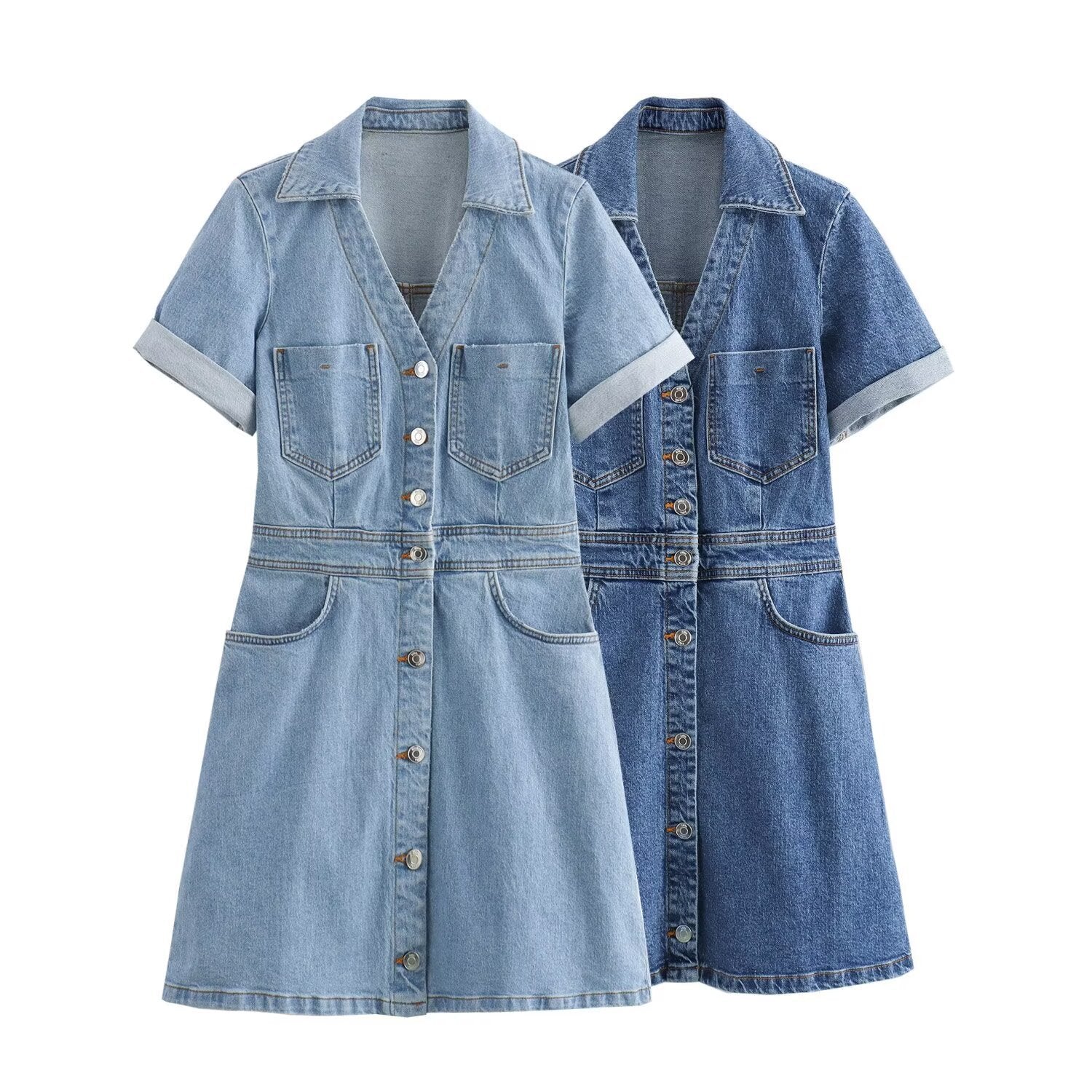 Damklänning Mini A-Linjeformad Denim Midjad Långärmad-2