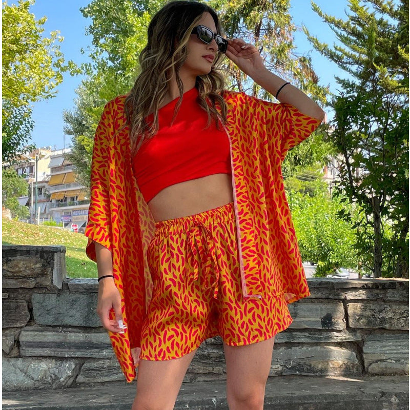 Dam Kimono Set med Tryckt Spets Tre Fjärdedelars Ärmar Polyester-2