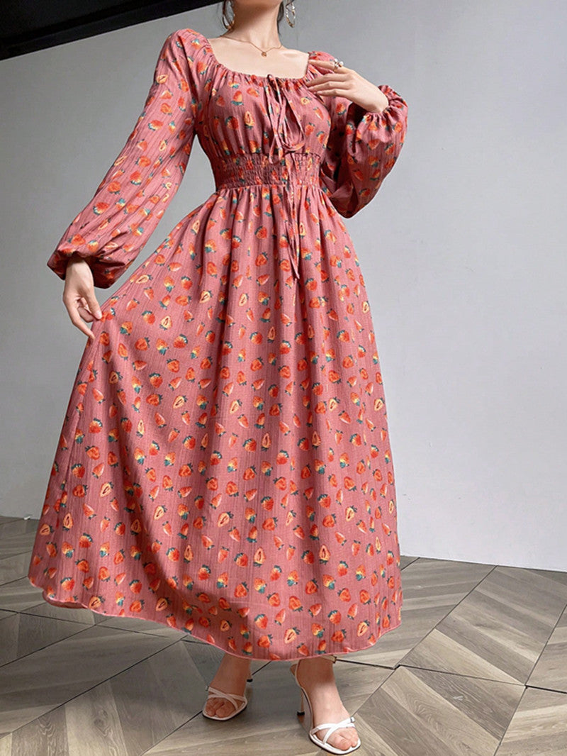 Variant image for Dam A-linjeformad Klänning med Blommönster och Puffärmar-1