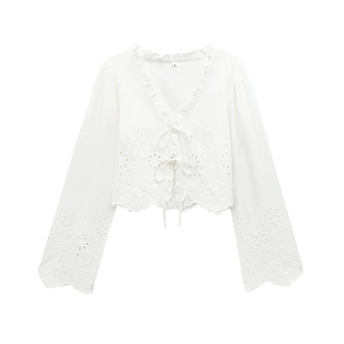 Kvinnors Blus V-ringad Voluminösa Ärmar Broderi 1
