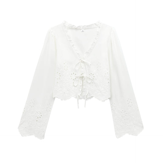 Kvinnors Blus V-ringad Voluminösa Ărmar Broderi 1