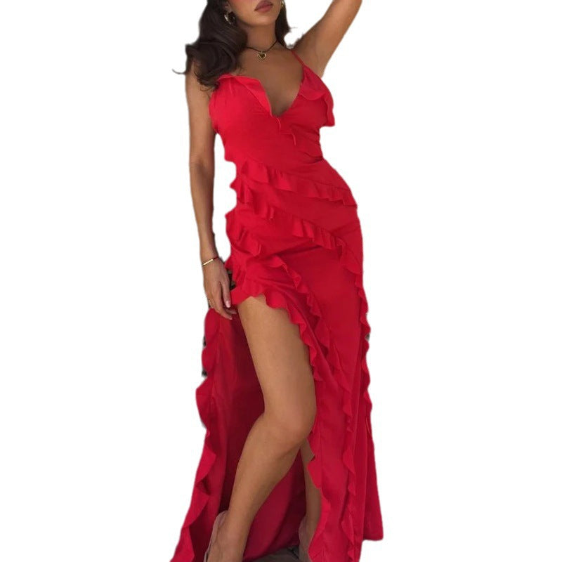 Kvinna Klänning Utan Ärmar Spaghetti Band Polyester Ruffle Nederkant-5