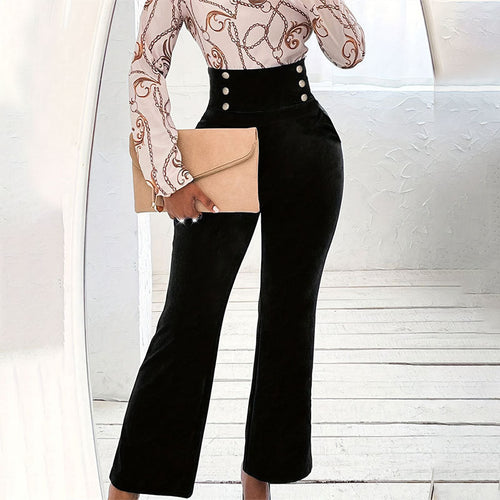 Höga Midjabyxor för Kvinnor med Elegant Knappdesign – Mjukt Elastiskt Tyg, Maskintvättbara, S-XL 1