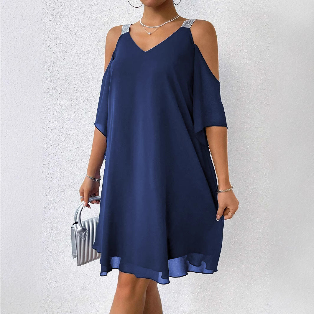 Kvinnor Midi Klänning V-Neck Chiffong med Paljetter-4