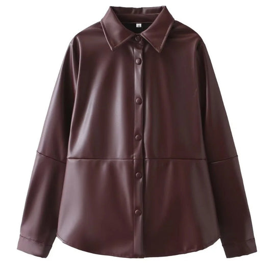 Avslappnad Blus i Syntetiskt LĂ€der för Damer â Klassisk Krage och Knappremsa, Modern Silhuett, MĂ„ngsidig Design 1