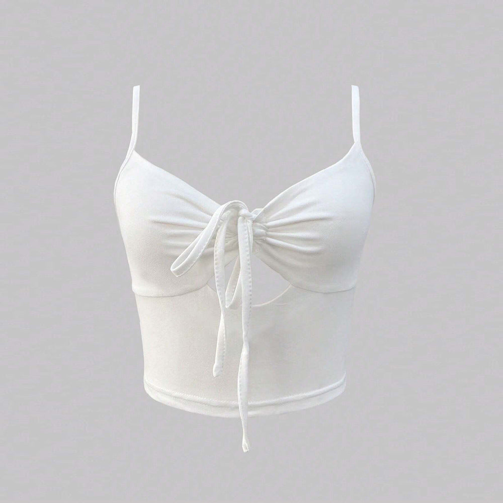 Monokrom Topp för Dam med Snörning – Vit Polyester, Lätt Elastisk, Modern Design 4