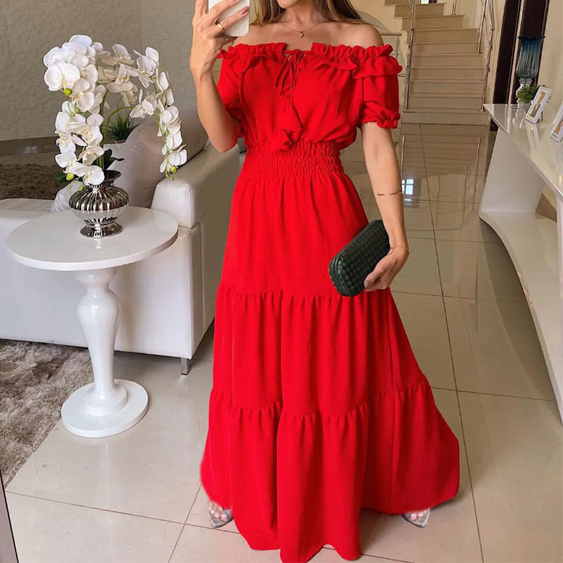 Damklänning Off-Shoulder Rynkad Midja Lång Polyester-5