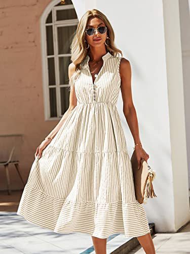 Bärarklänning för Dam i Tidlös Randig Design – Löst Sittande Bomull med Knappdetaljer 6