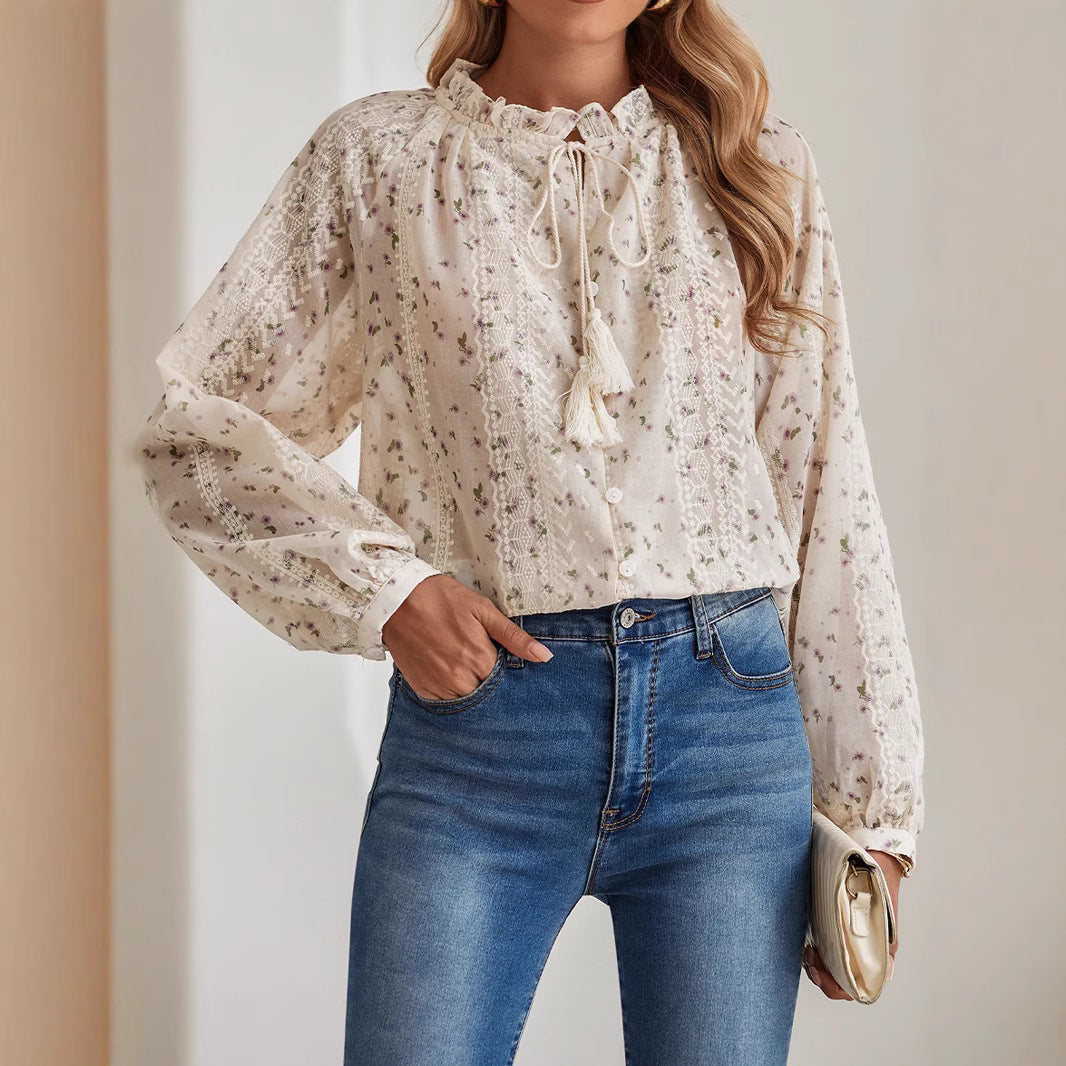 Dam Skjorta Boho Broderad Chiffon med Fringes 5
