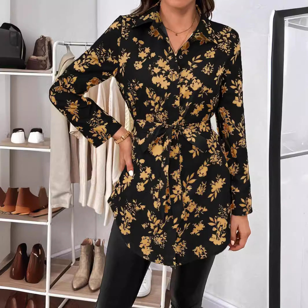 Dam Skjorta Långärmad Blommönstrad Polyester-4
