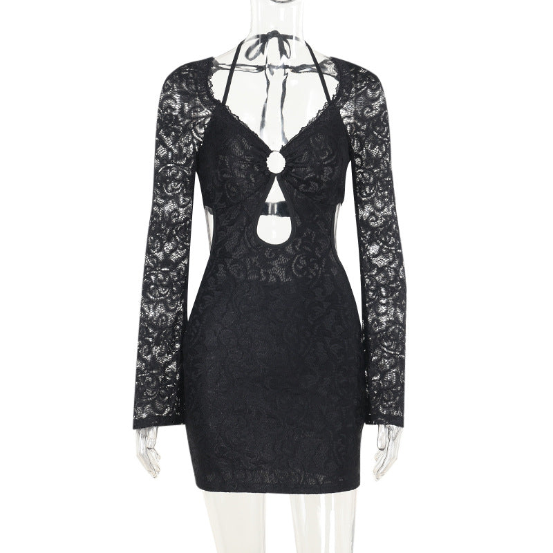 Dam Mini Klänning Monokrom Patchwork Polyester Tätt Passande V-Ringning-4