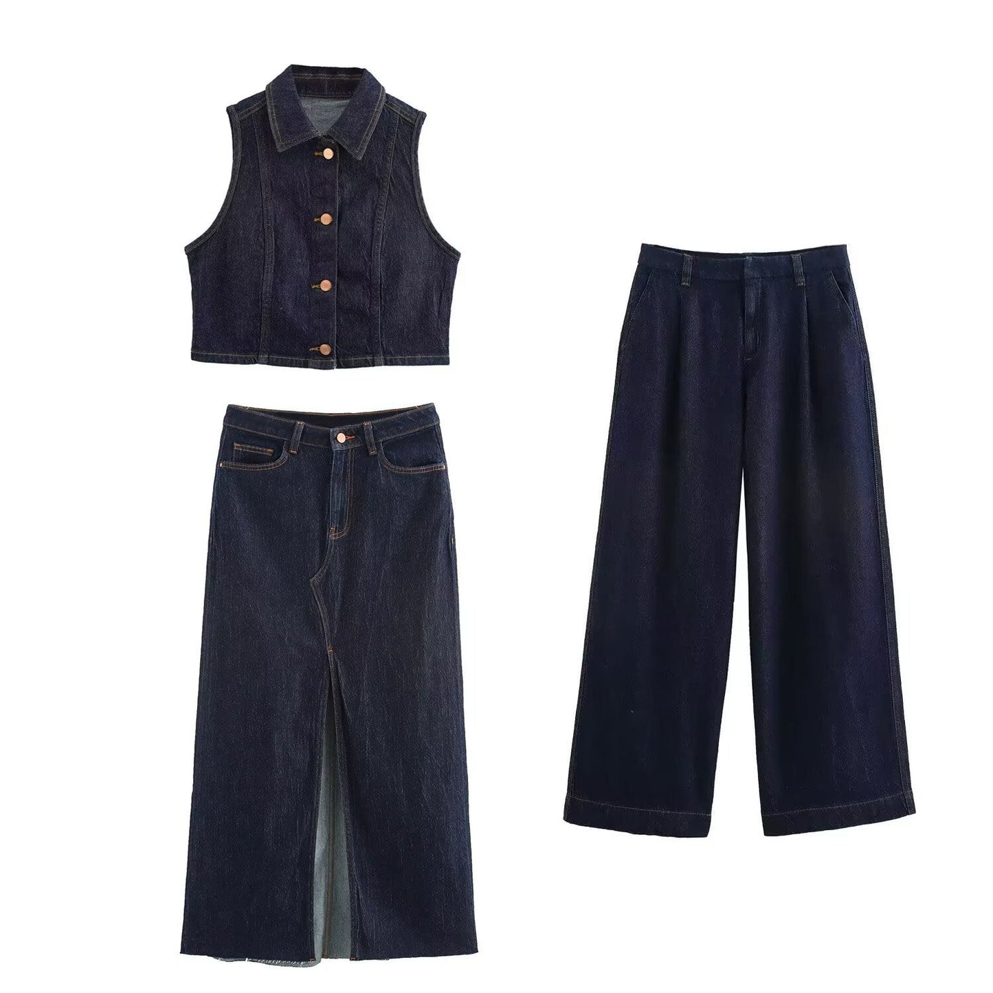 Damens Tre-delars Set Färgblockering Patchwork Denim-2