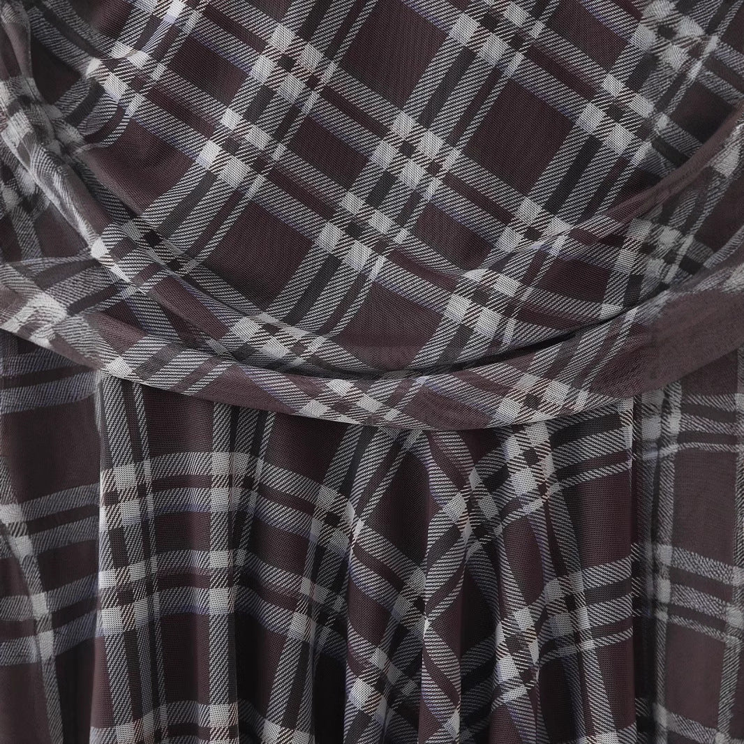 Dam Klänning Asymmetrisk Rutig Silke-Mesh Midi Long Sleeve-4