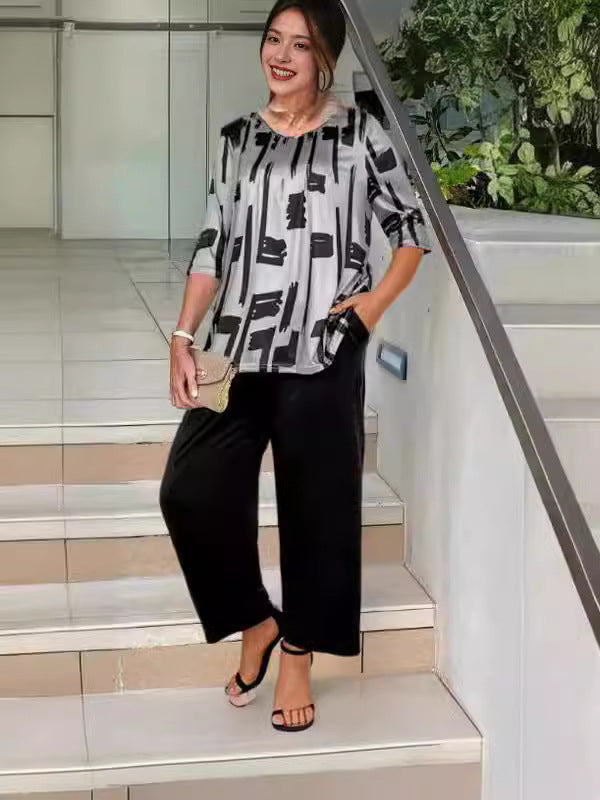 Tvådelat Set Dam Geometriskt Mönster Polyester Trekvartsärmar Vintage Stil 3