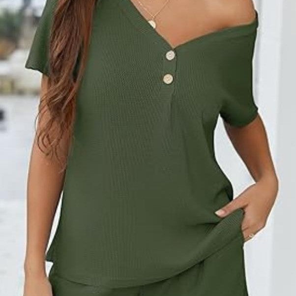 Dam Våffla Tygloungewear Set Avslappnad V-ringning Shorts-3