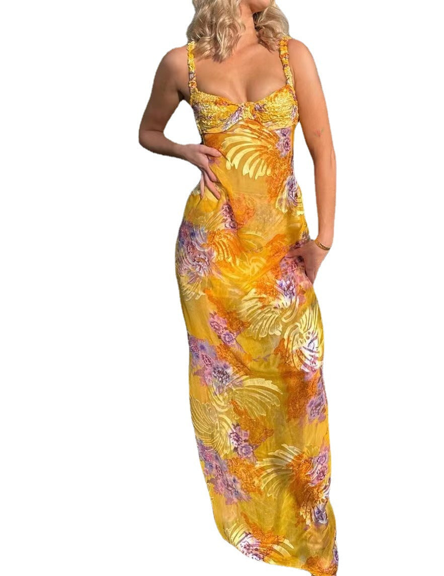Lång Halterneck Klänning för Kvinna i Tryckt Polyester – Ärmlös V-Hals Klänning för Sommarfester och Bröllop 5