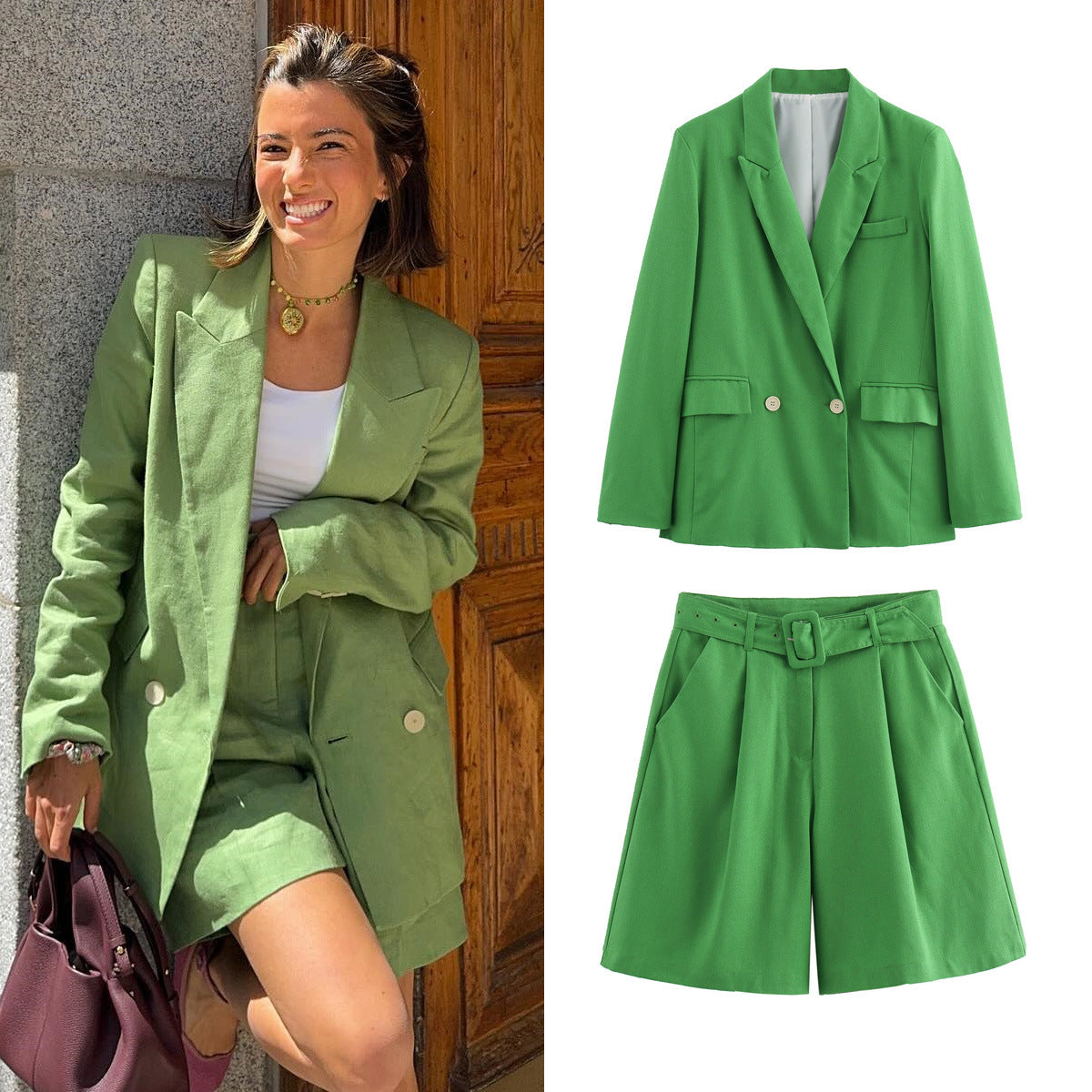 Dam Overall Loose Leisure Suit med Bälteshorts i Polyester-2