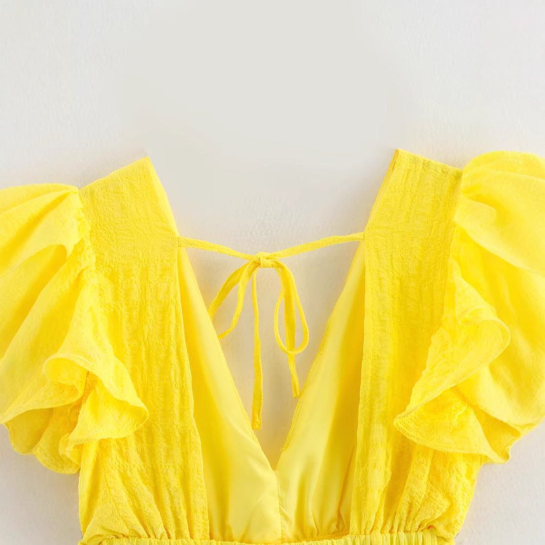 Kvinna A-Line Klänning V-ringning Polyester Kort Med Bindande Bälte-4