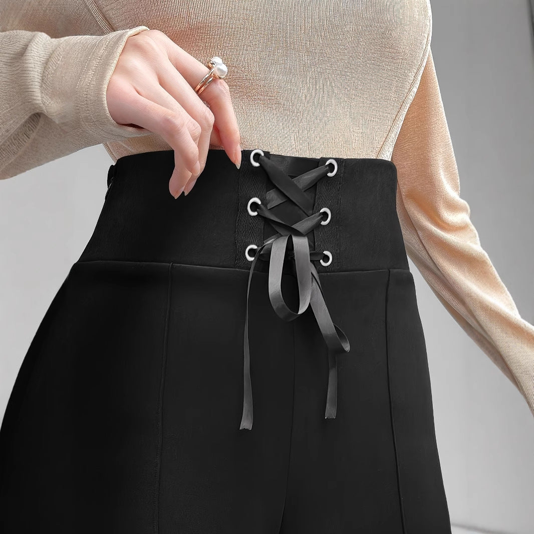 Dam Hög Midja Byxor Med Sidospår Och Snörningsdetaljer Elastisk Tyg-3