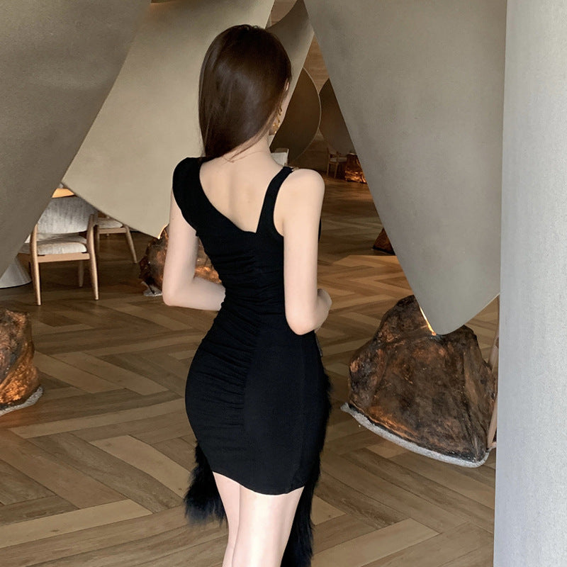 Damklänning Asymmetrisk Axelband Kort Lätt Tyg 4