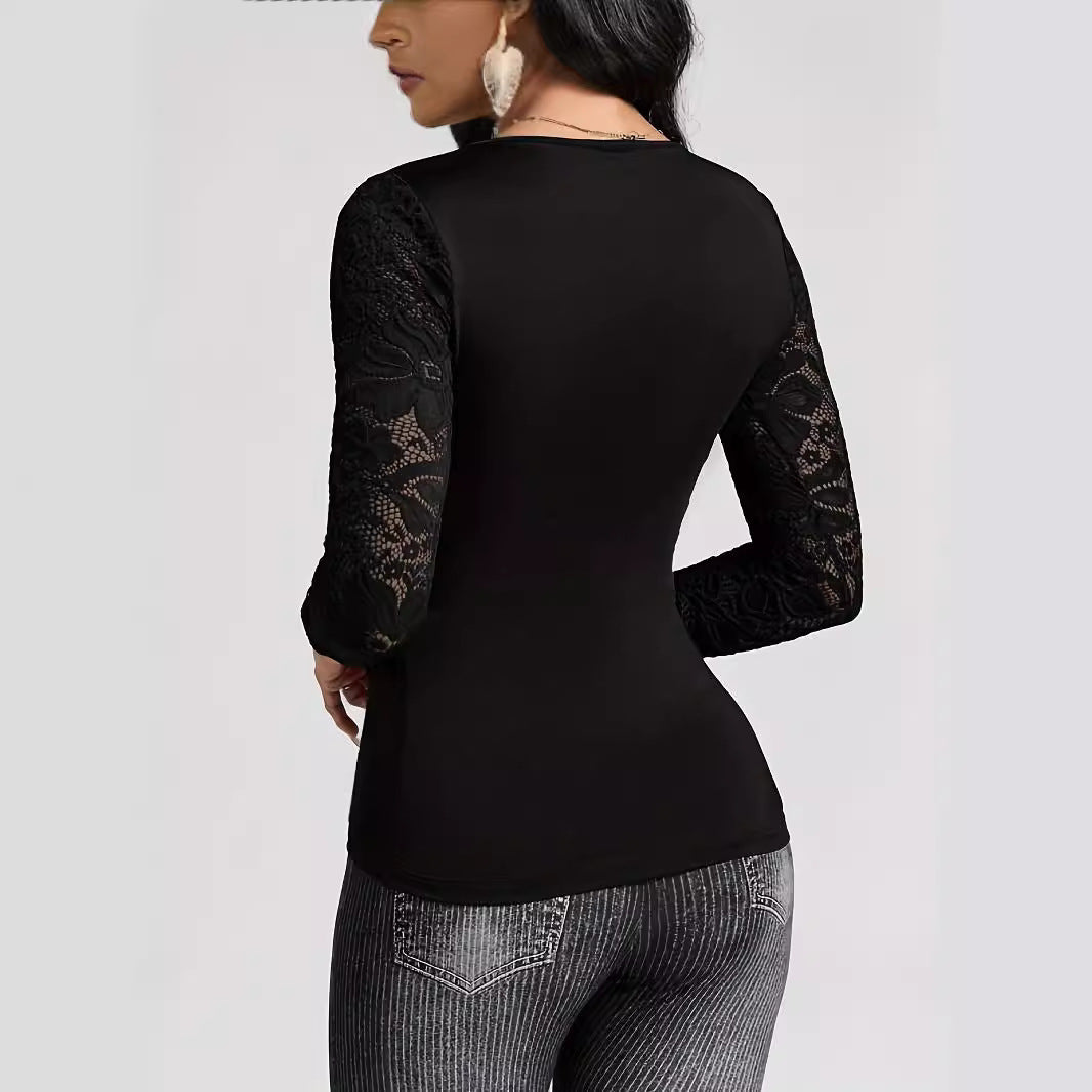 Dam Långärmad T-shirt Slim Fit Rayon med Överlappande Krage-3