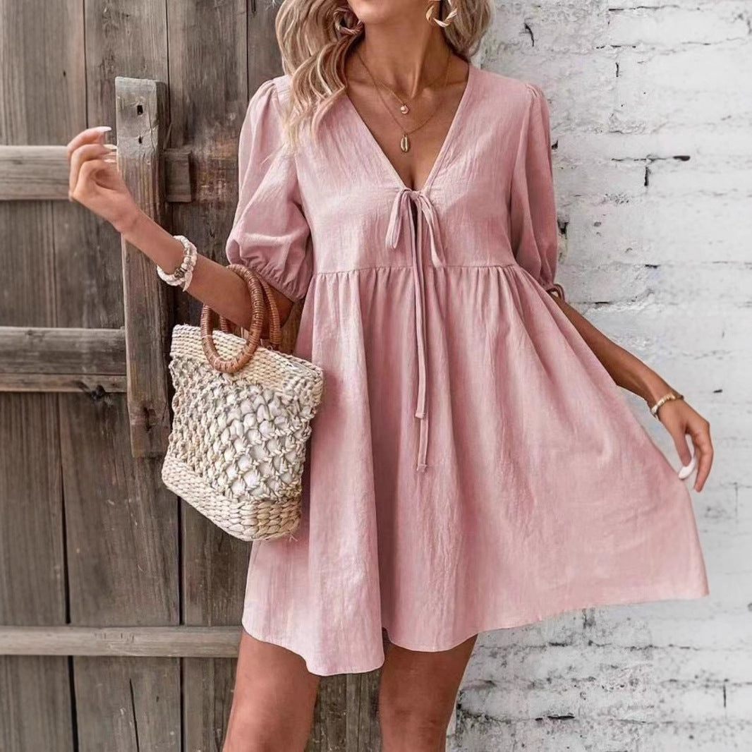 Damklänning V-ringad A-Linjeformad i Mjuk Bomull-4