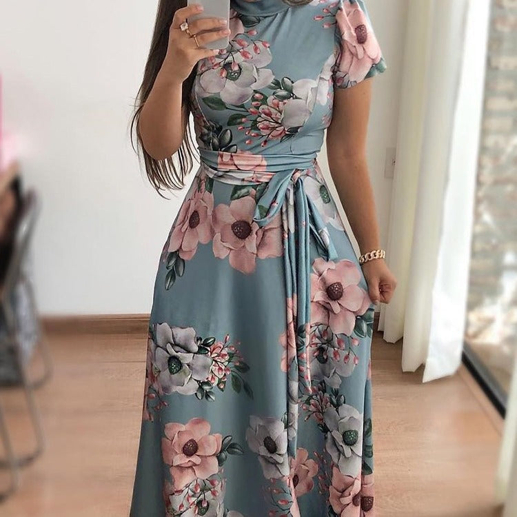 Variant image for Kvinna Blommönstrad Klänning Lång Polyester med Ståkrage-1