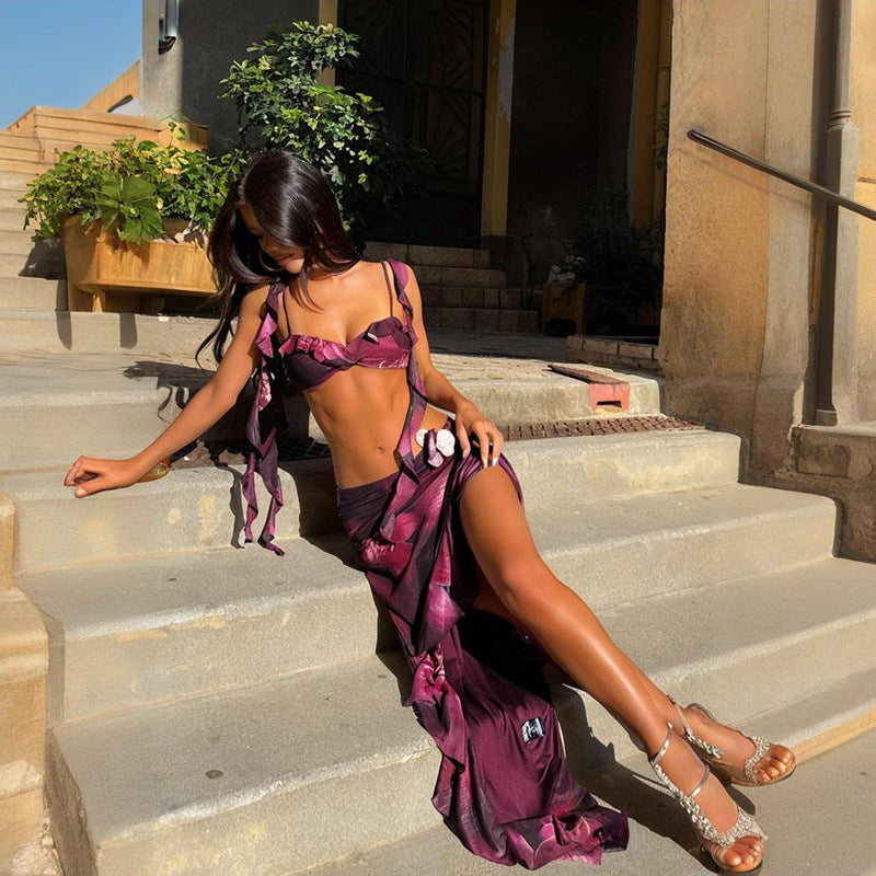 Kvinnor Tvådelad Set Blommig Asymmetrisk Nederkant Lätt Tyg-3