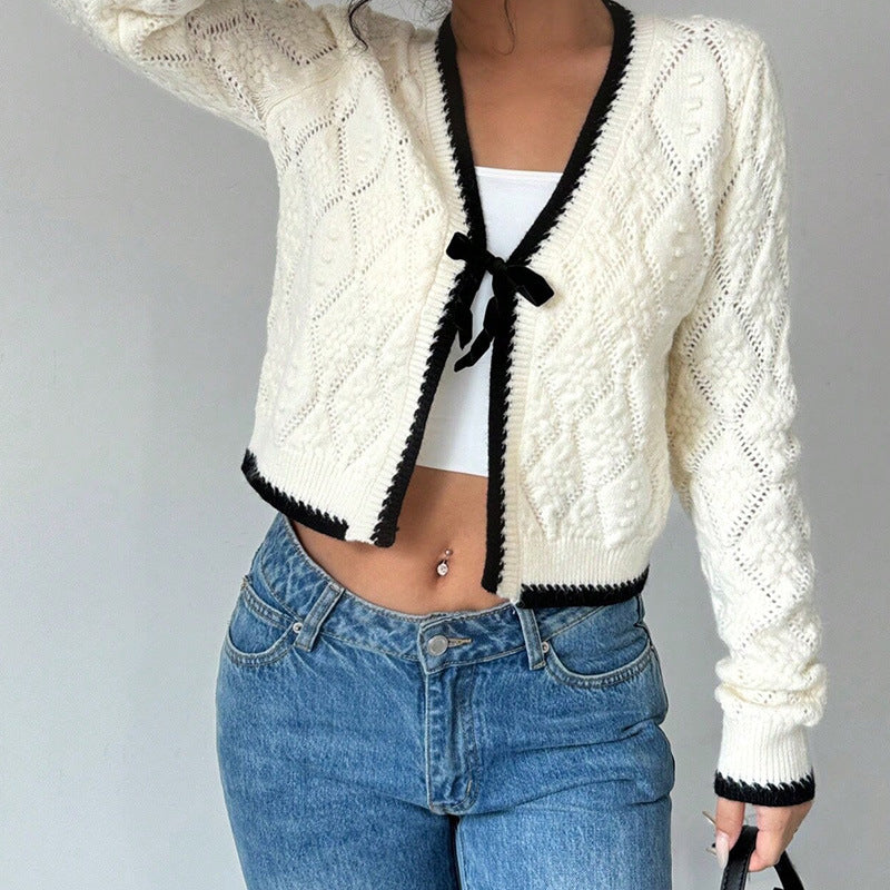 Kvinnors Stickad Kofta Med Stickmönster Bomullsblandning 2