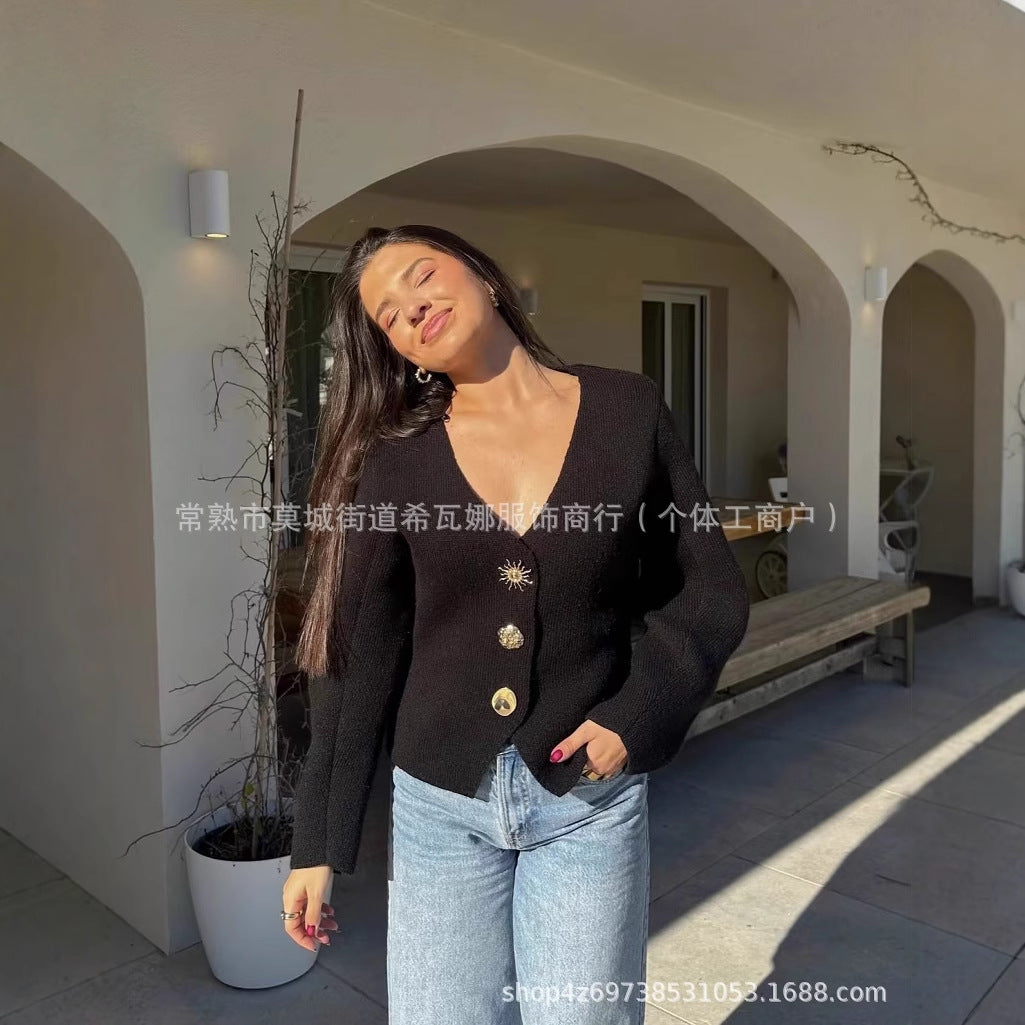 Kvinnors Cardigan Djup V-Hals Gyllene Knappdetaljer 100% Akryl-3