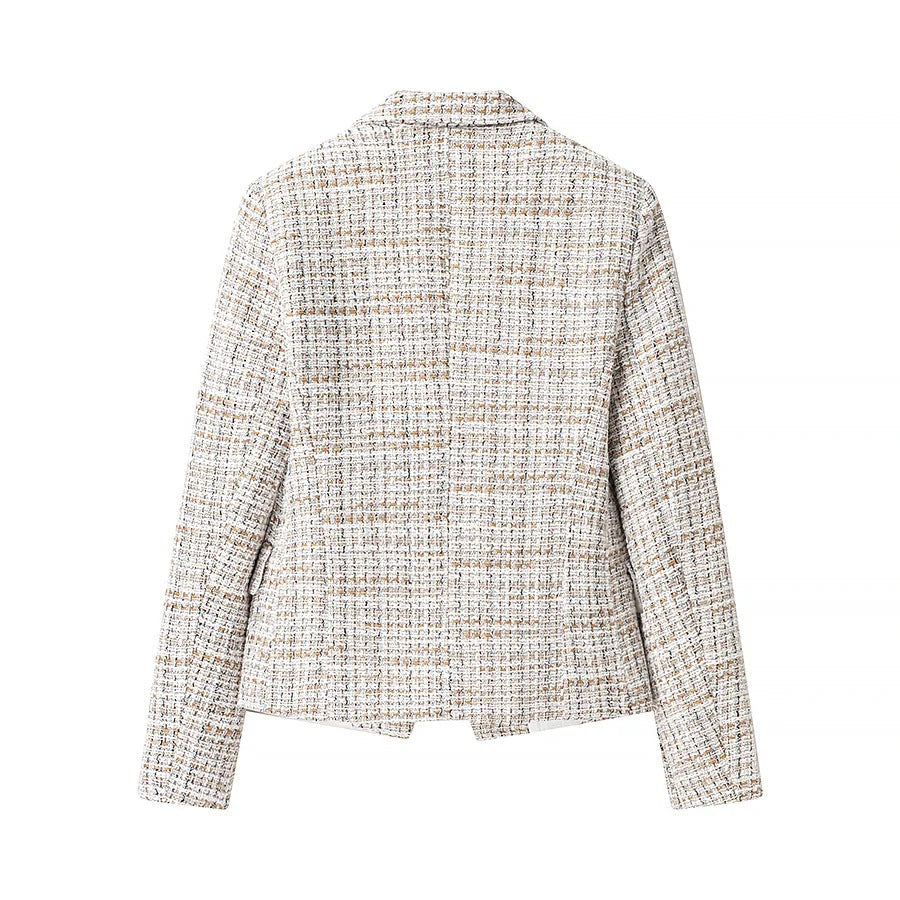 Kvinnors Blazer Set Kontrollmönster Gyllene Knappar Högkvalitativt Tyg 3