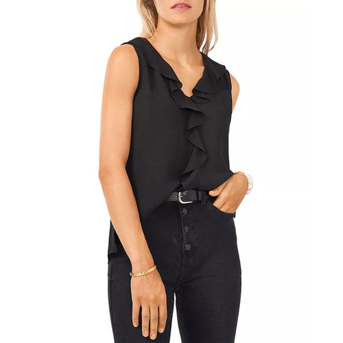 Dam Ärmlös Top V-hals Volangdetaljer Polyester-1