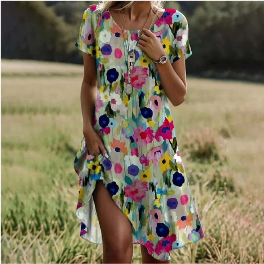 Damklänning A-Linje Blommig Midi Polyester-2