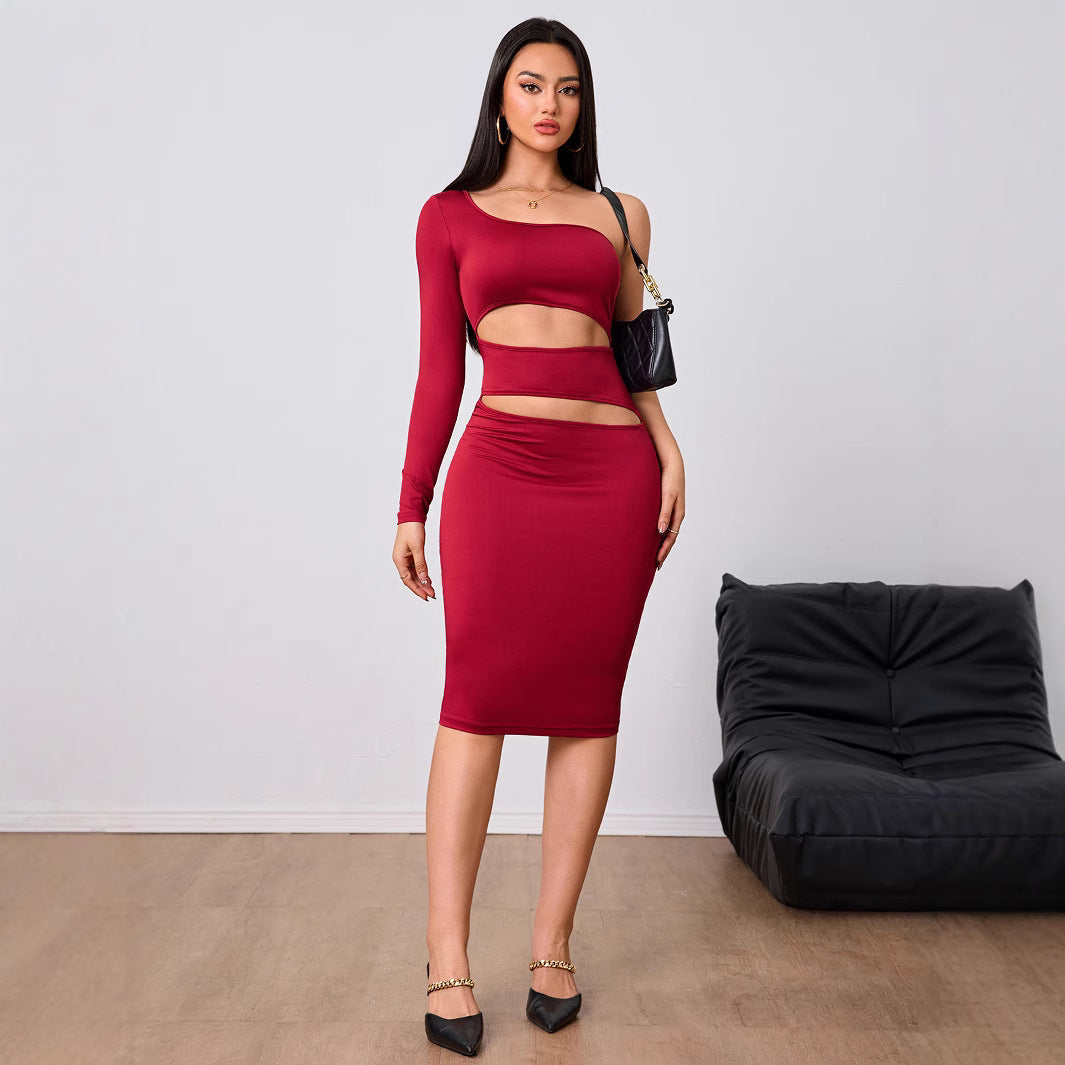 Kvinnors Midi Klänning Bodycon En Axel Polyester Elastan-2