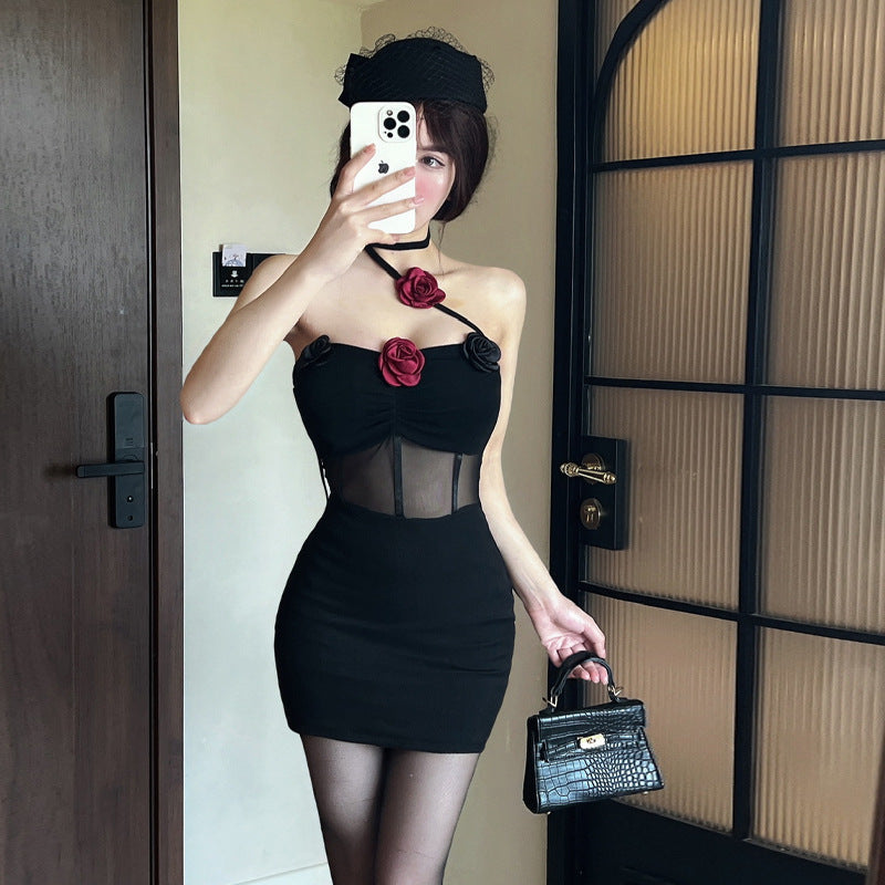 Variant image for Kort Klänning Dam Blommig Axelbar Mesh och Bomull-5