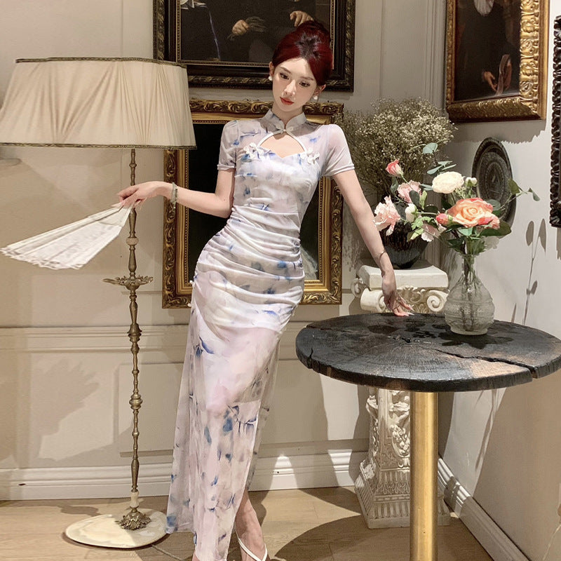 Elegant Cheongsam Klänning med Ihålig Midja och Sidospalt – Lång Klänning i Polyester och Spandex för Kvinnor 2