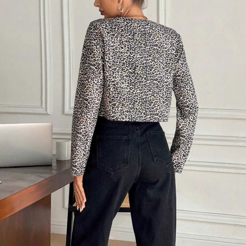 Lång Kofta Dam Leopardmönster Polyester Cardigan-5