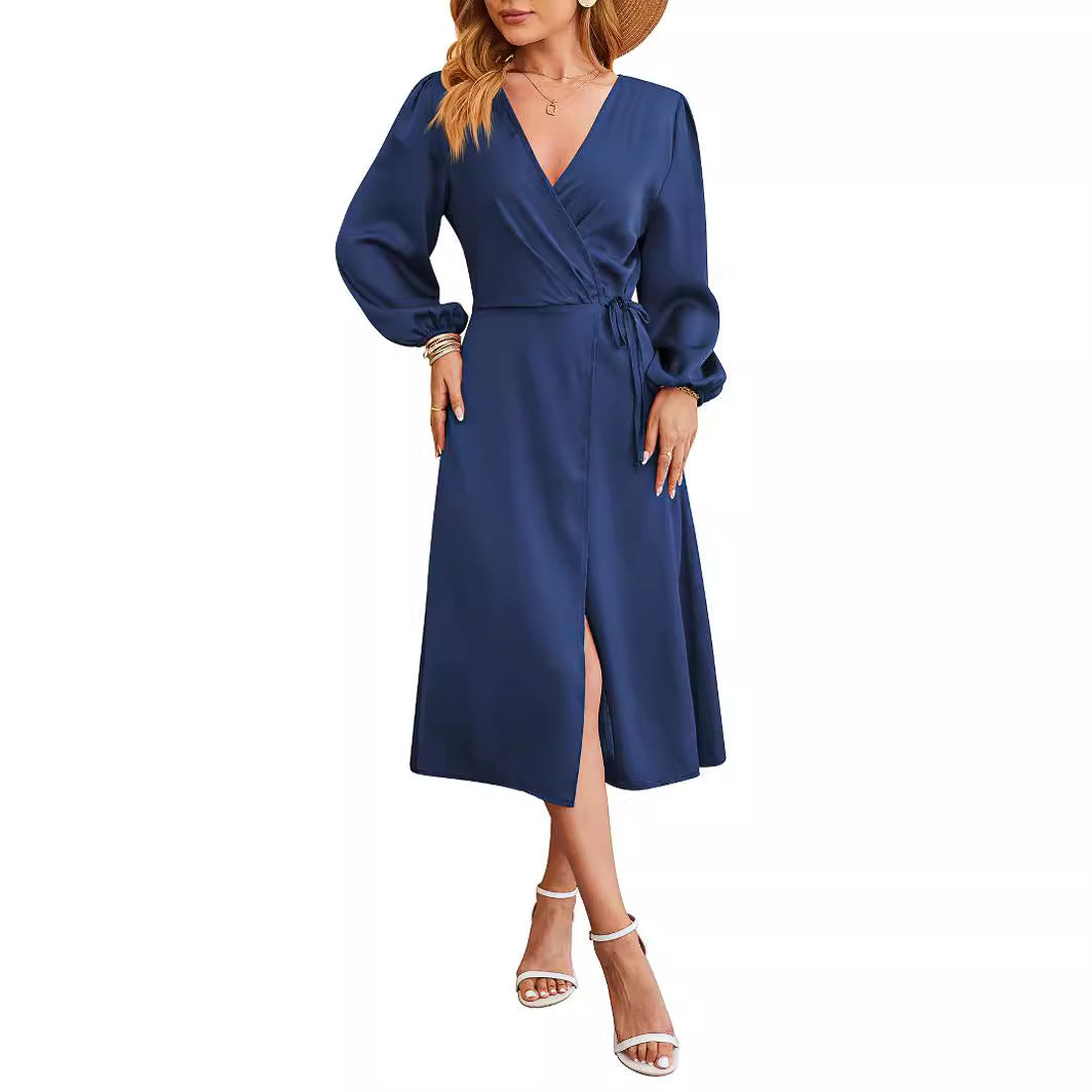 Kvinna Midi Klänning V-Neck Satin A-Linjeform Puffärmar-5