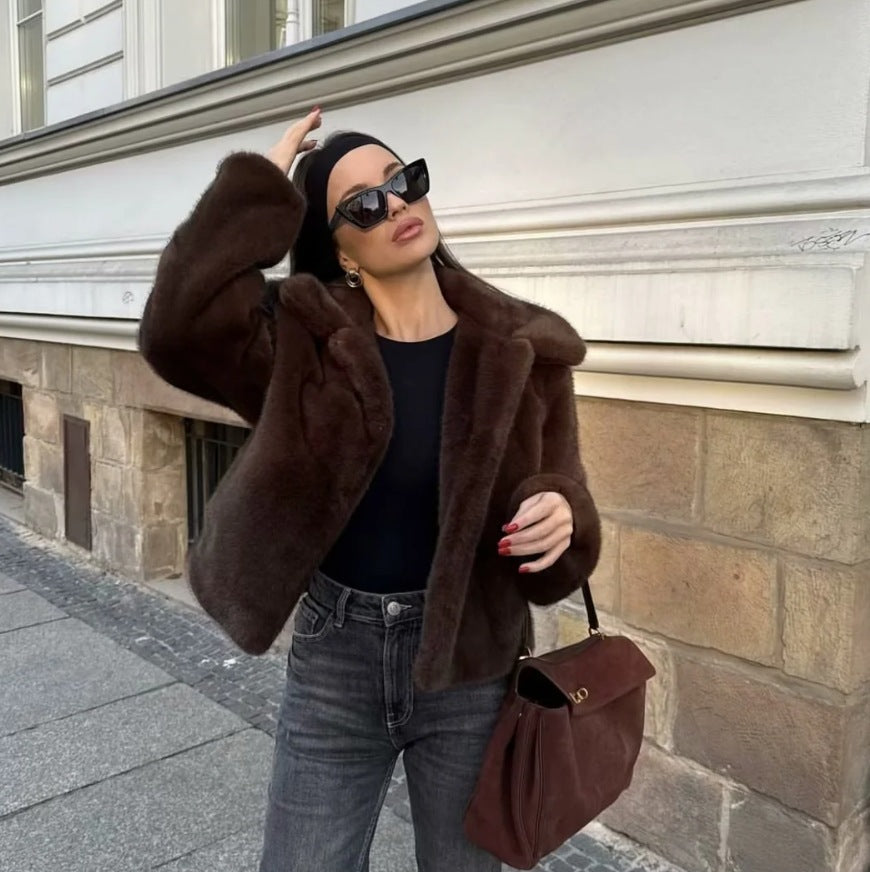 Kvinnors Pelzajacka Elegant Lapel Konstgjort Päls-2
