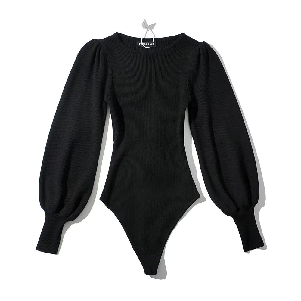 Variant image for Kvinnor Bodysuit Långärmad Puffärmar Ribbat Elastiskt Tyg-3