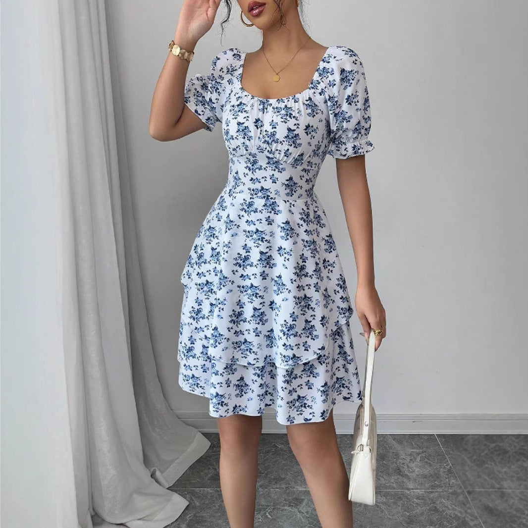 Blommaklänning för Kvinnor med Puffärmar i Andningsbart Material – Flytande Kjol för Sommarfester 2