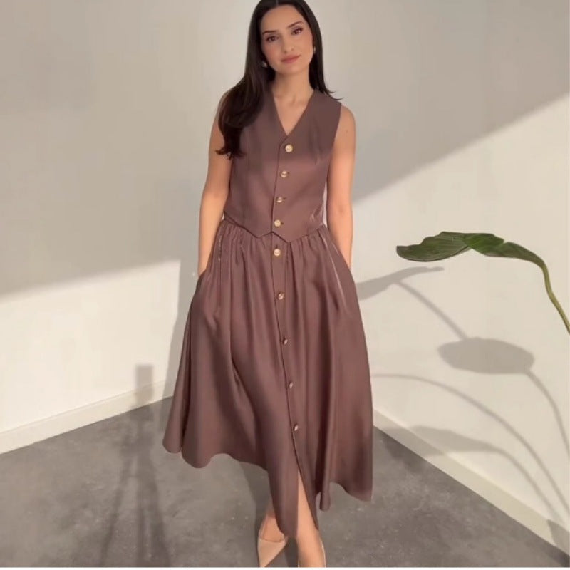 Tvådelat Set Dam Kjol Hög Midja Polyester med Knappar 2