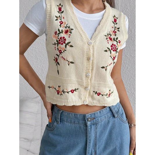 Dam Stickad VĂ€st med Blommor Broderier V-Hals i Mjuk Bomull 1