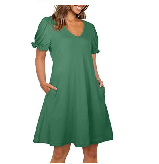 Kvinna Kort Armklänning V-ringning Lätt Tyg Puffade Ärmar 12