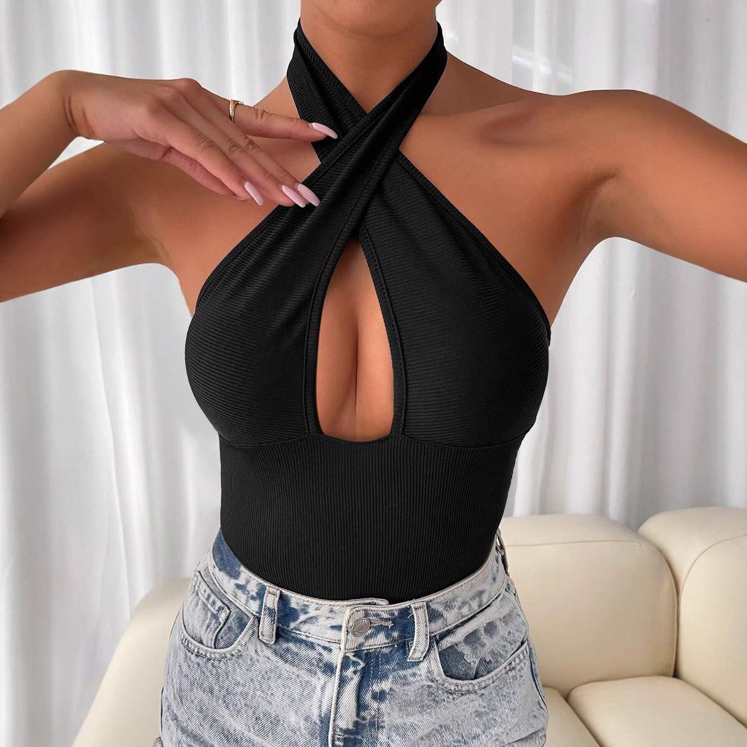 Dam Halterneck Bodysuit Utskärningar Stretchigt Tyg-2