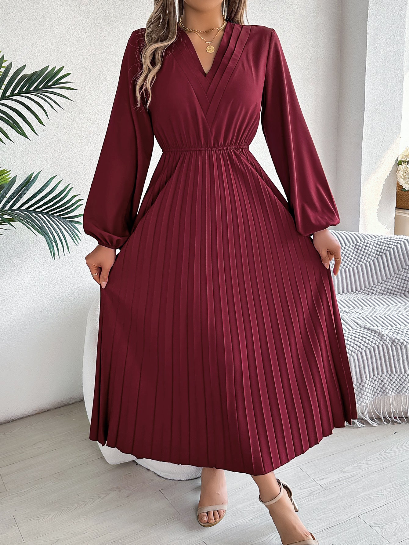 Kvinnor Lång Kjol A-Linje Chiffon med V-Hals-1