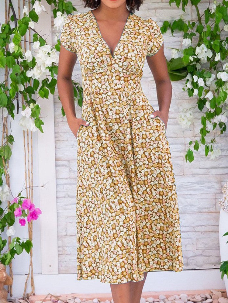 Damklänning V-hals A-linje Midi Fyrvägsstretch Bohemisk Stil 11