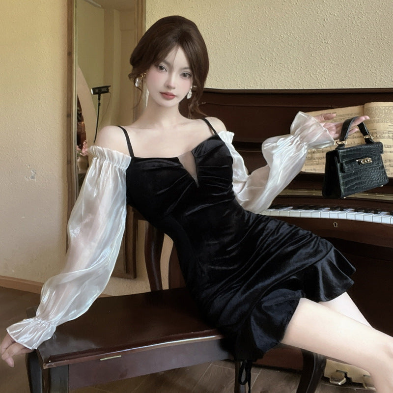 Dam Mini Klänning Off-Shoulder Patchwork Polyester-4